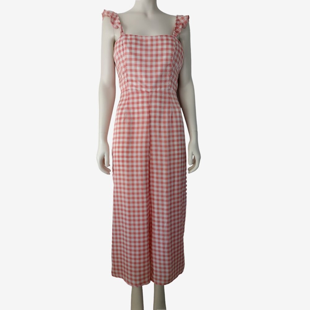 Forever 21 Peach White Gingham Satin Open Back Straight Leg Jumpsuit